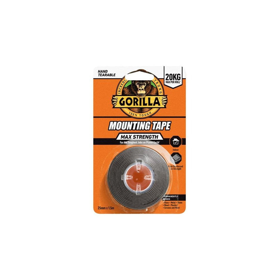 Gorilla Glue Max Strength Indoor Mounting Tape 25mm x 1.5m Black-GRGGMSIMTBK