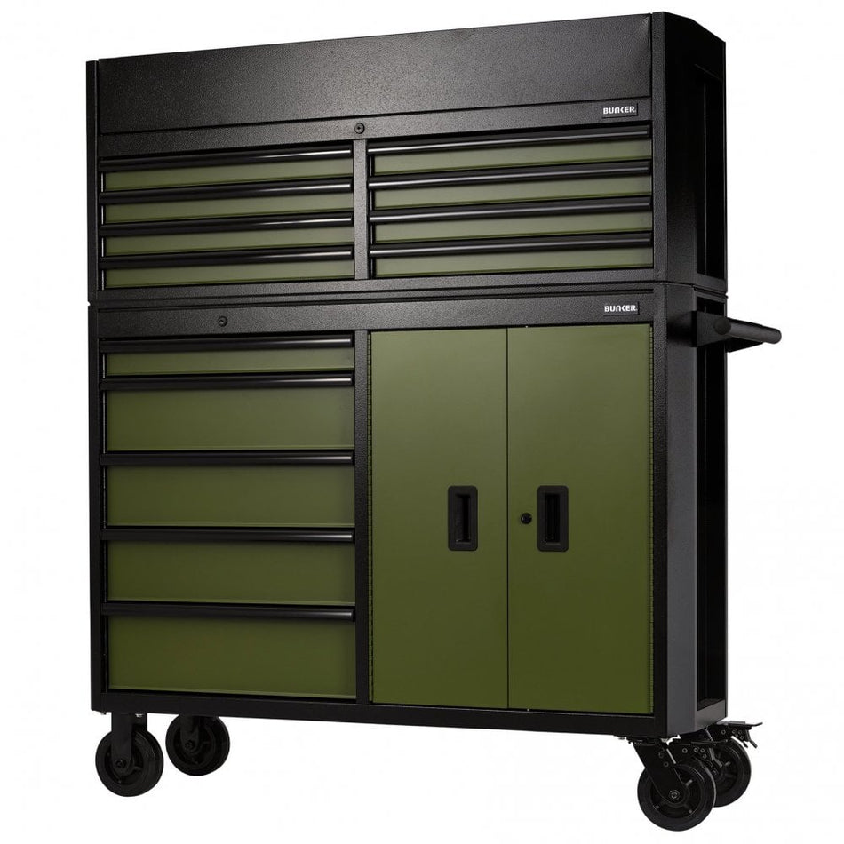 BUNKER Combined Roller Cabinet and Tool Chest, 13 Drawer, 52", Green: No.B200-52C-GR/52R