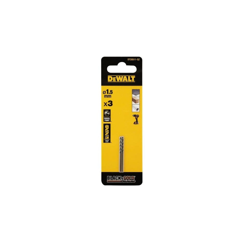 DeWALT Power Tools BLACK&GOLD HSS Drill Bits (3) 1.5mm
