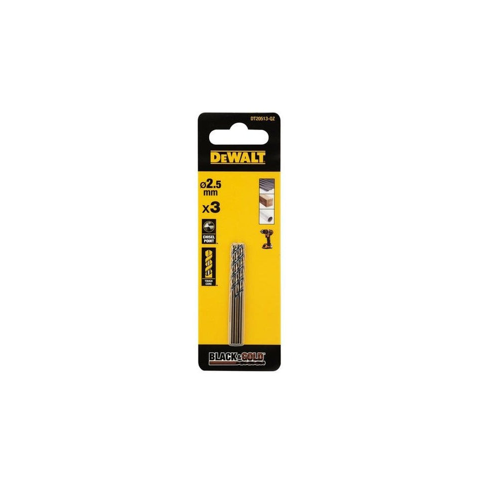 DeWALT Power Tools BLACK&GOLD HSS Drill Bits (3) 2.5mm