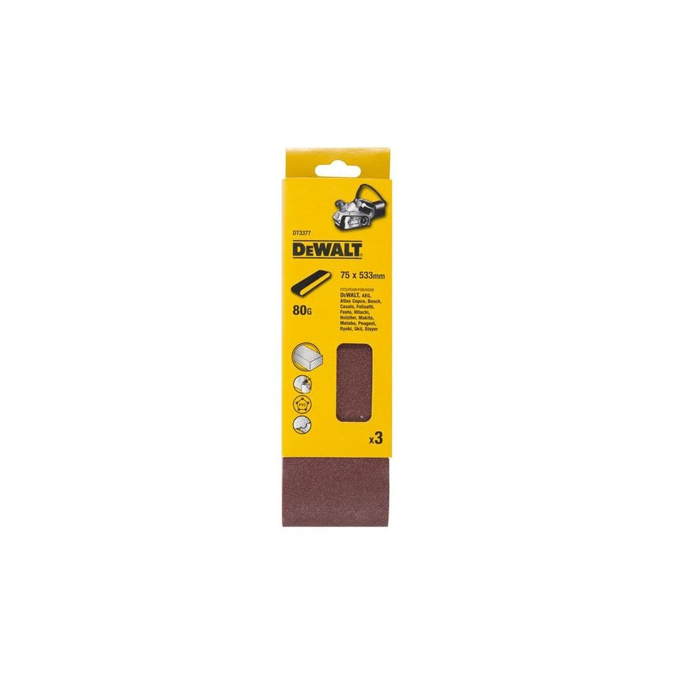 DeWALT Power Tools Sanding Belt 533 x 75mm 80G Pack of 3