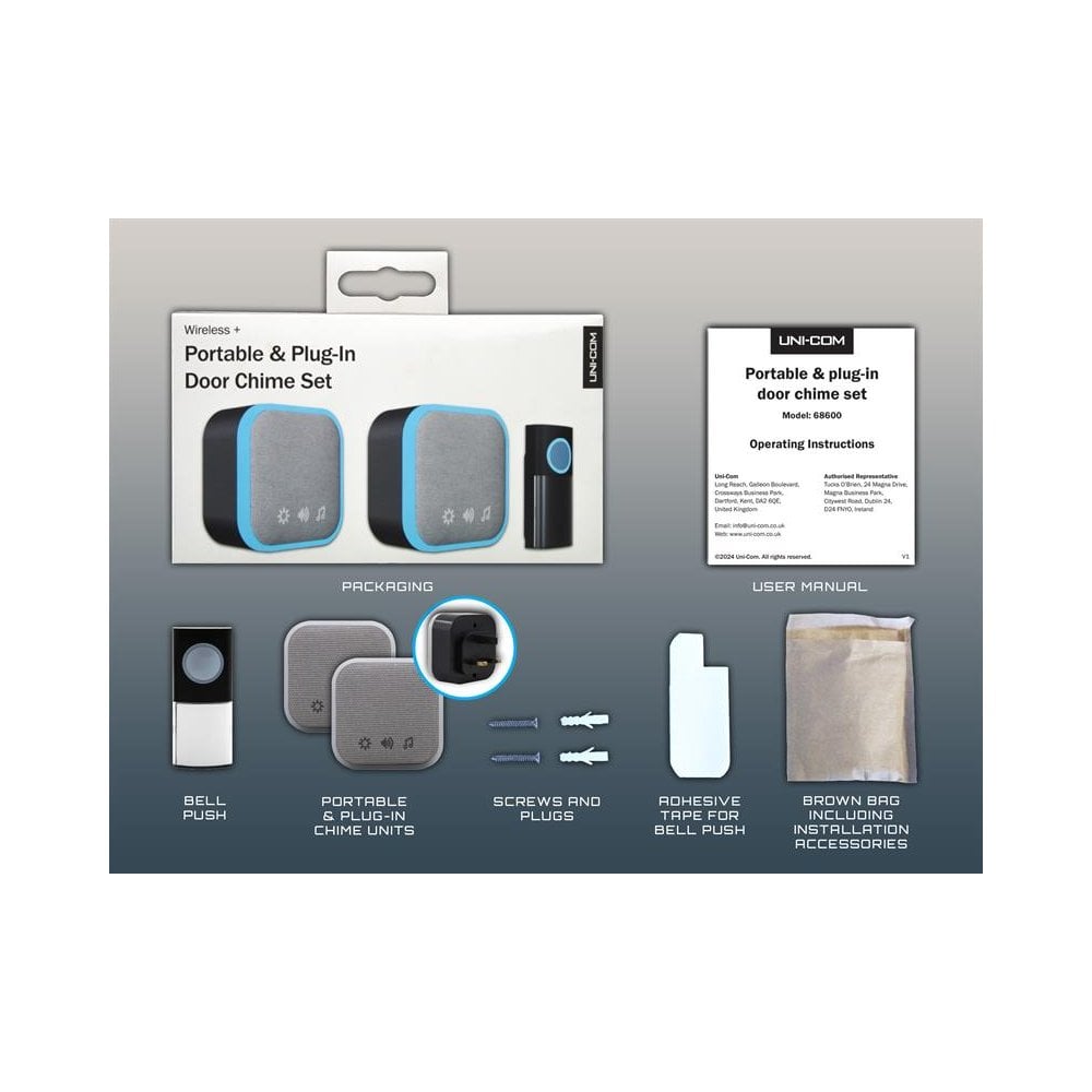 Uni-Com Portable and Plug-In Door Chime Set, Black