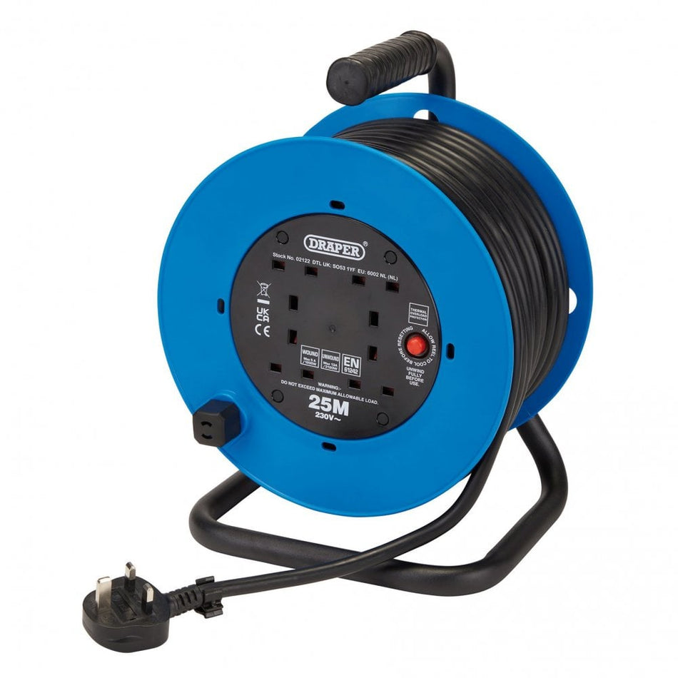 230V Heavy Duty Industrial Four Socket Cable Reel, 25m : Model No. DCR25HDA