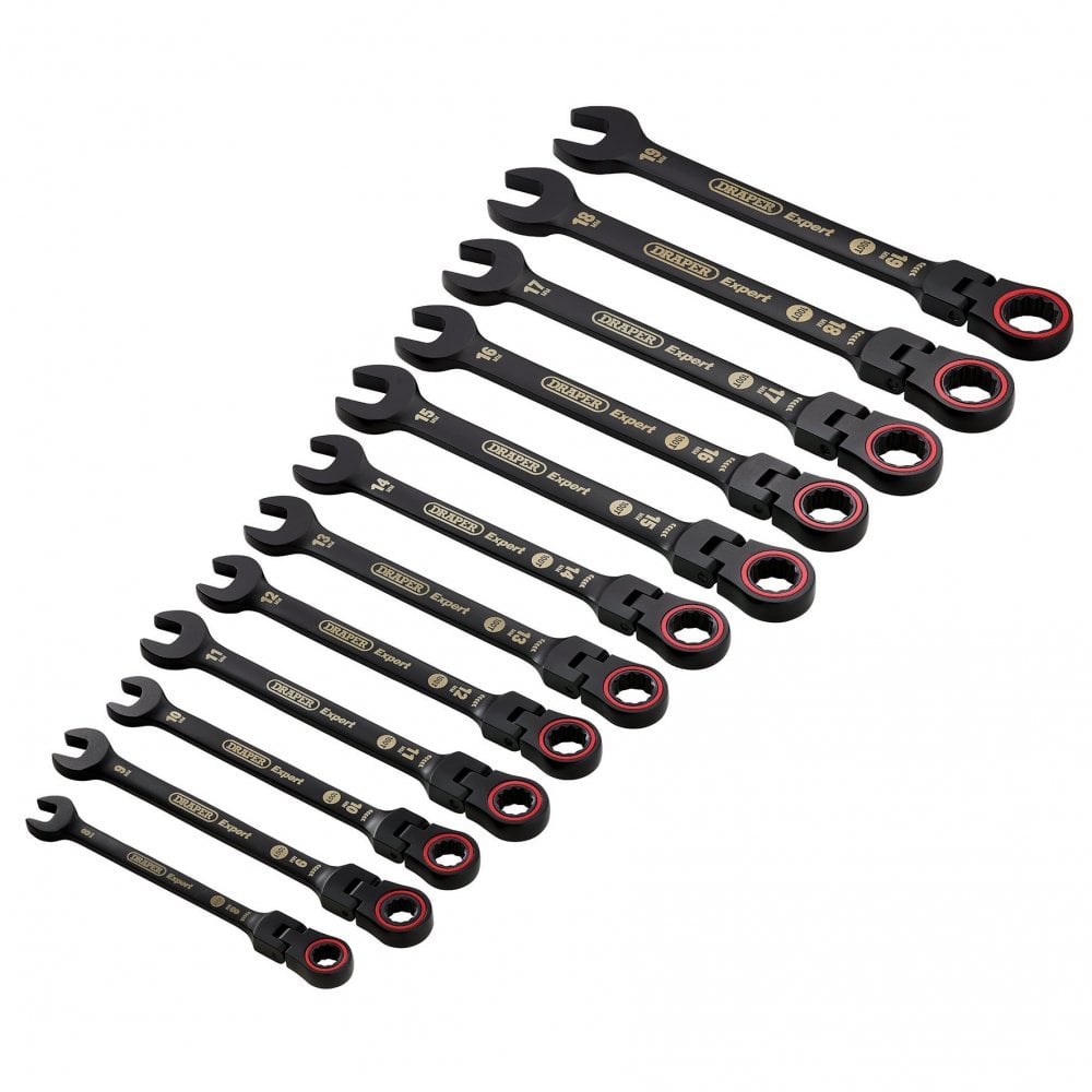 Draper Expert HI-TORQ Metric Flexible Head Ratchet Combination Spanner Set, Black (12 Piece) : Model No. 8241FMM/BK/12