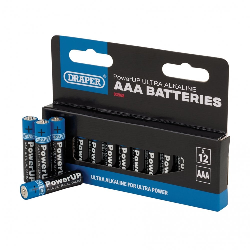 Draper PowerUP Ultra Alkaline AAA Batteries (Pack of 12) : Model No. BATT/AAA/12