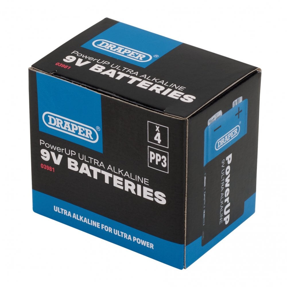 Draper PowerUP Ultra Alkaline 9V Batteries (Pack of 4) : Model No. BATT/PP3/9V/4