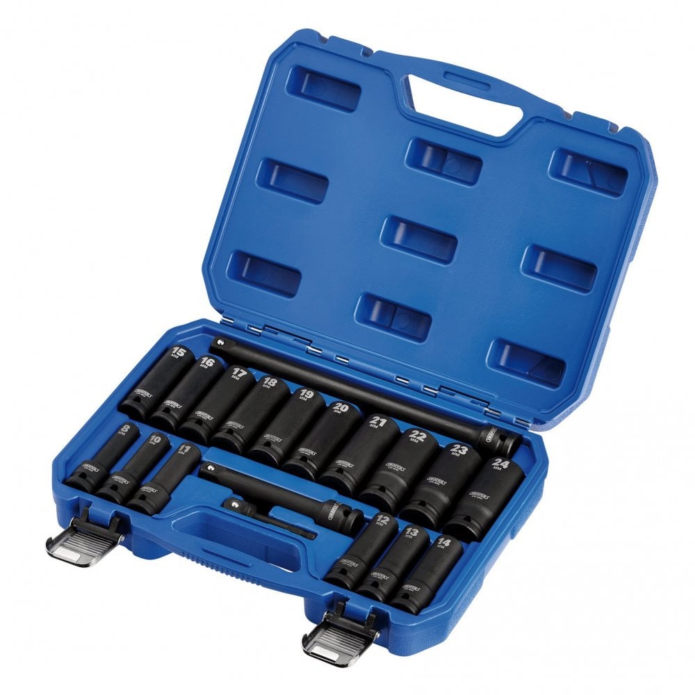 Draper HI-TORQ Metric Deep Impact Socket Set, 1/2" Sq. Dr. (19 Piece) : Model No. 410D/19/MM