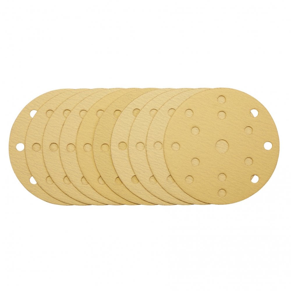 Gold Sanding Discs with Hook & Loop, 150mm, 120 Grit, 15 Dust Extraction Holes (Pack of 10) : Model No. SDHLG150