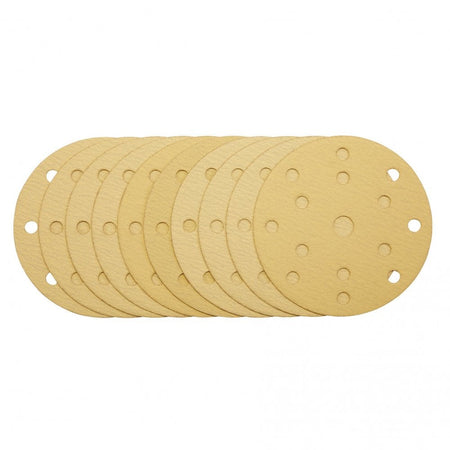 Gold Sanding Discs with Hook & Loop, 150mm, 120 Grit, 15 Dust Extraction Holes (Pack of 10) : Model No. SDHLG150
