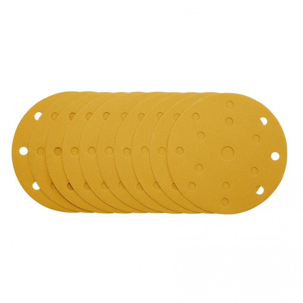 Gold Sanding Discs with Hook & Loop, 150mm, 240 Grit, 15 Dust Extraction Holes (Pack of 10) : Model No. SDHLG150