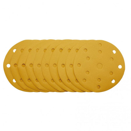 Gold Sanding Discs with Hook & Loop, 150mm, 320 Grit, 15 Dust Extraction Holes (Pack of 10) : Model No. SDHLG150