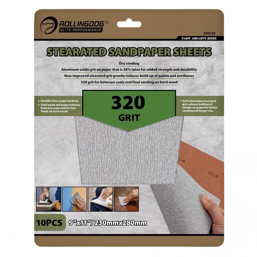 ROLLINGDOG Stearated Sanding Sheets, 230 x 280mm, 320 Grit (Pack of 10) : Model No. 90130