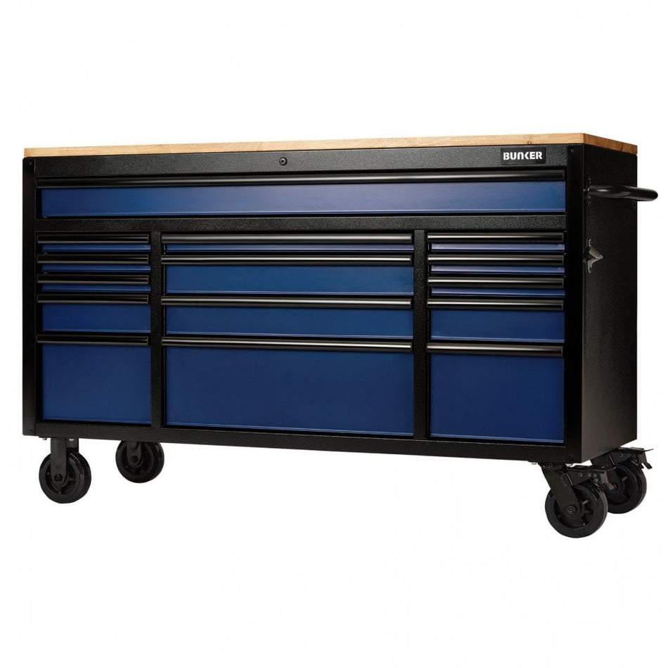 BUNKER 15 Drawer Workbench Roller Tool Cabinet, 61", Blue : Model No. B100-61B