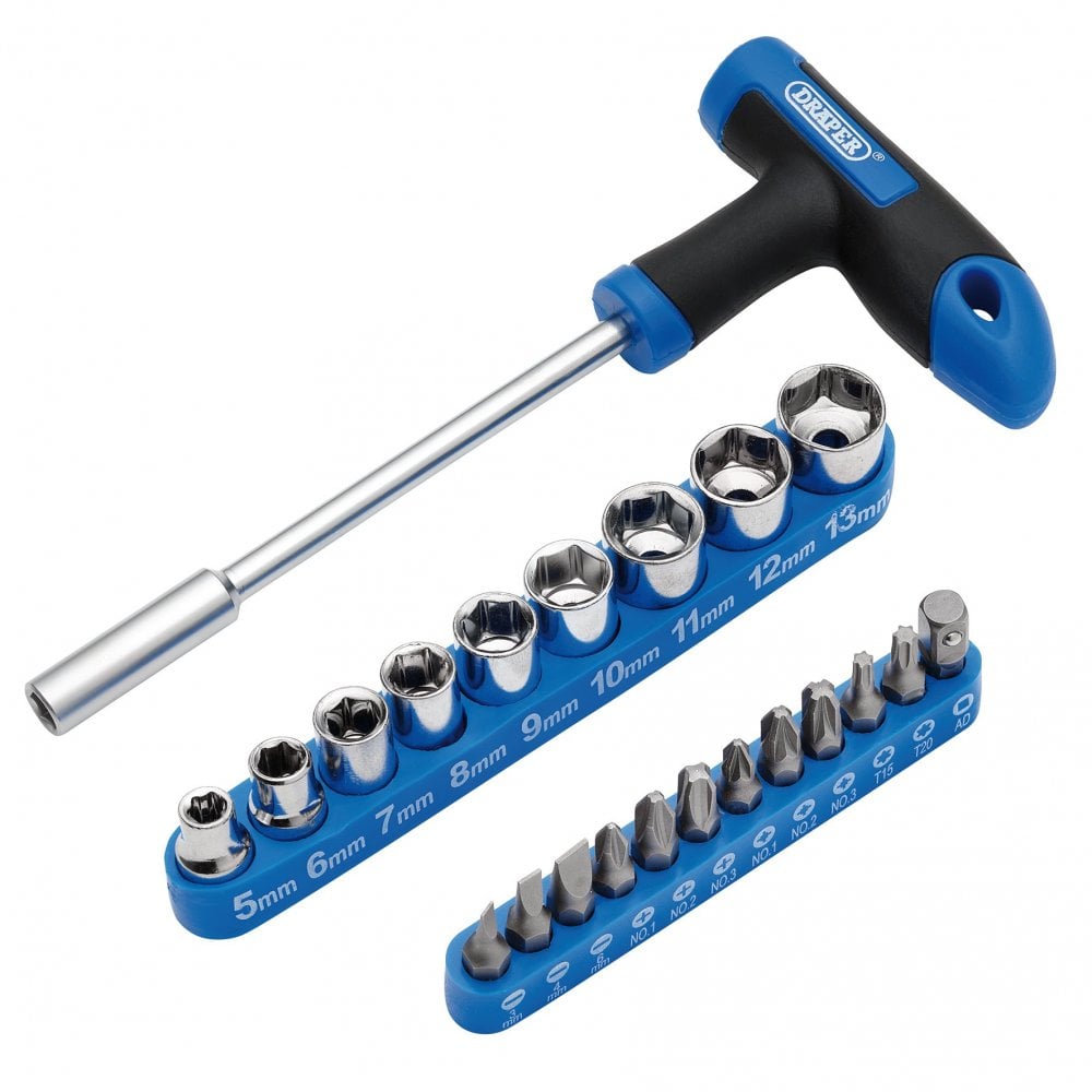 T-Handle Screwdriver, Socket and Bit Set, 1/4" Sq. Dr. (22 Piece) : Model No. SOCDRI