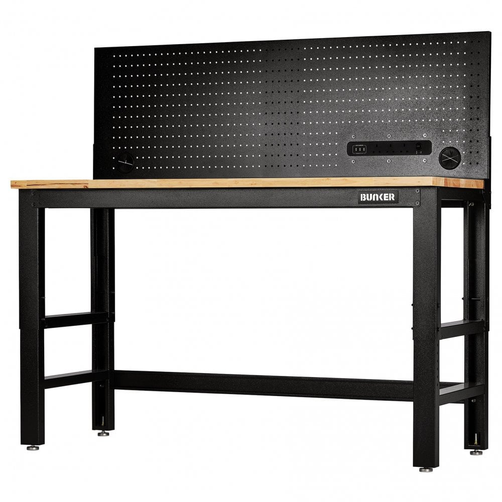 BUNKER Workbench with Hardwood Worktop and Power Pegboard, 1550mm : Model No. B300-WB61WPP