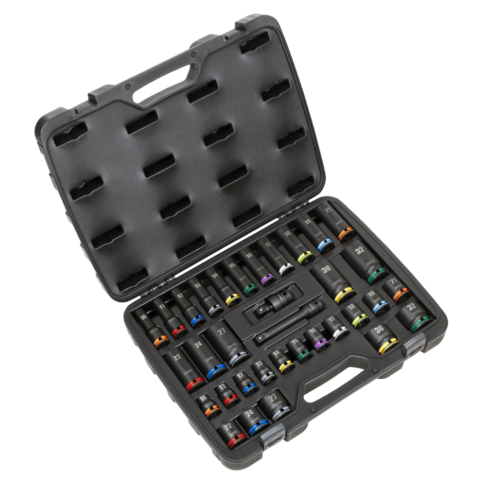 Lock-On Standard & Deep Impact Socket Set 34pc 1/2"Sq Drive 6pt Metric Model No- AK5636M