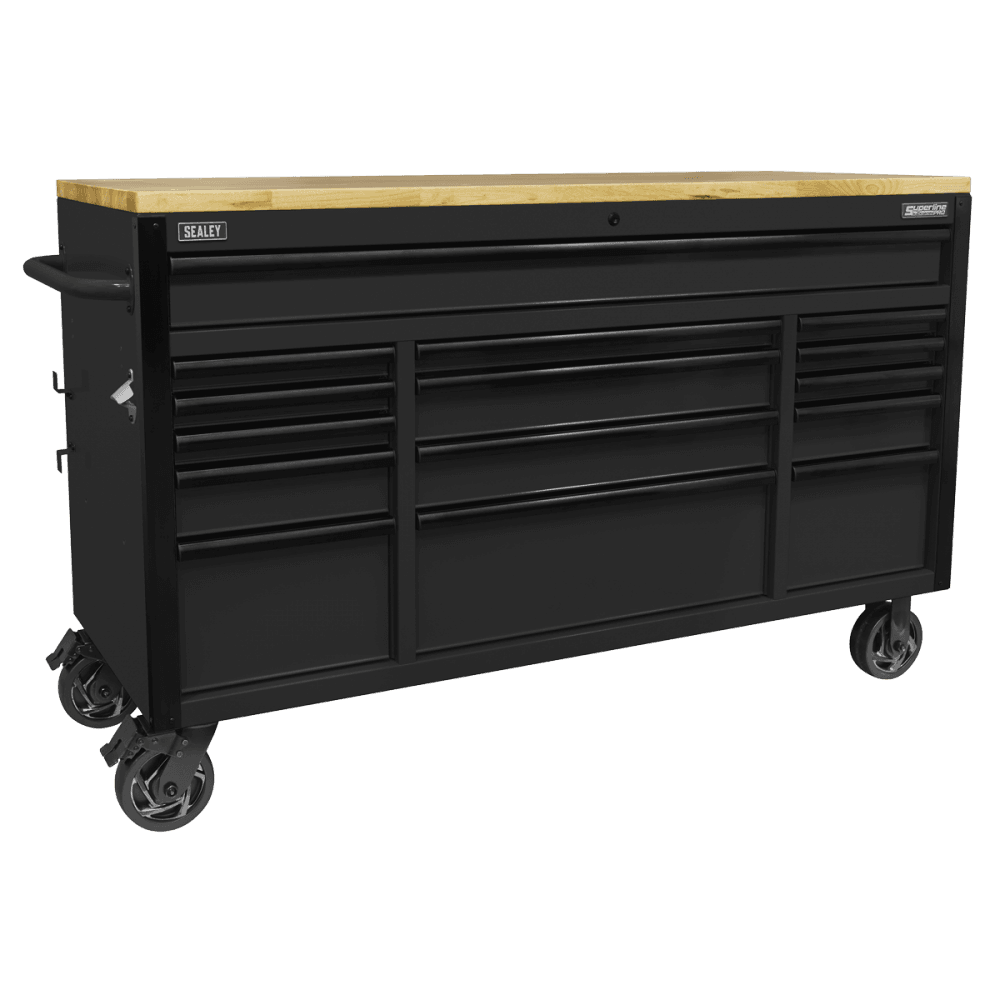 Superline PRO Black Edition Mobile Trolley with Wooden Worktop 15 Drawer 1549mm Model No- AP6215BE