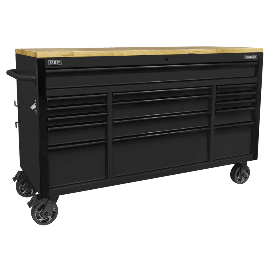 Superline PRO Black Edition Mobile Trolley with Wooden Worktop 15 Drawer 1549mm Model No- AP6215BE