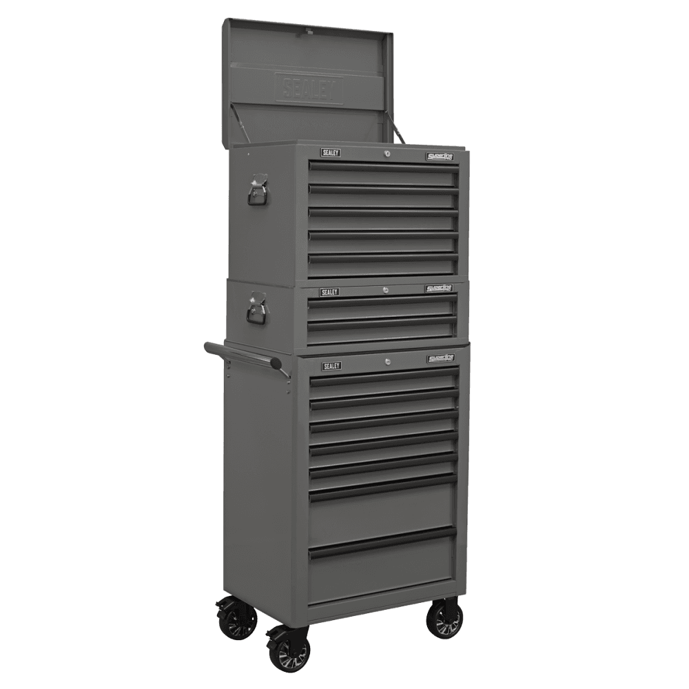 Superline PRO® Topchest, Mid-Box Tool Chest & Rollcab Combination 14 Drawer - Grey : Model No- APSTACKTGR