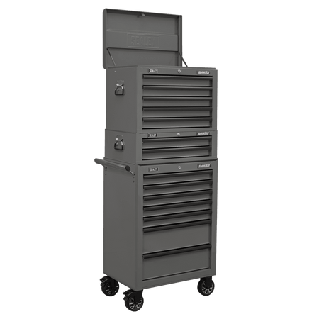 Superline PRO® Topchest, Mid-Box Tool Chest & Rollcab Combination 14 Drawer - Grey : Model No- APSTACKTGR