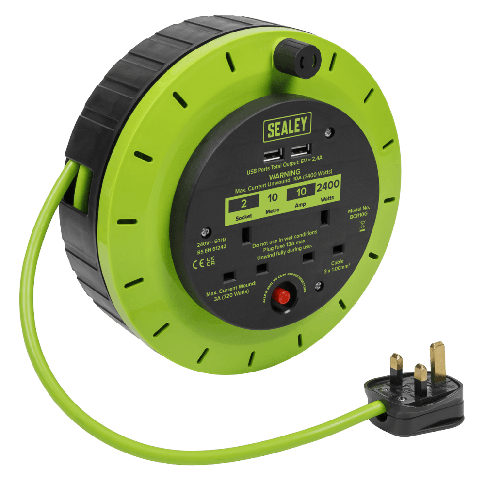 10m Cassette Type Cable Reel with Thermal Trip 2 x 230V & 2 x USB - Hi-Vis Green Model No- BCR10G