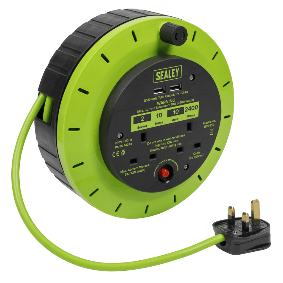 10m Cassette Type Cable Reel with Thermal Trip 2 x 230V & 2 x USB - Hi-Vis Green Model No- BCR10G