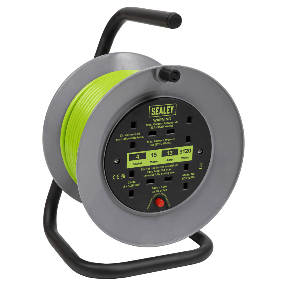 15m Cable Reel with Thermal Trip 4 x 230V - Hi-Vis Green Model No- BCR153TG