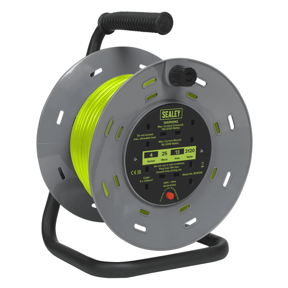 25m Cable Reel with Thermal Trip 4 x 230V - Hi-Vis Green Model No- BCR25G
