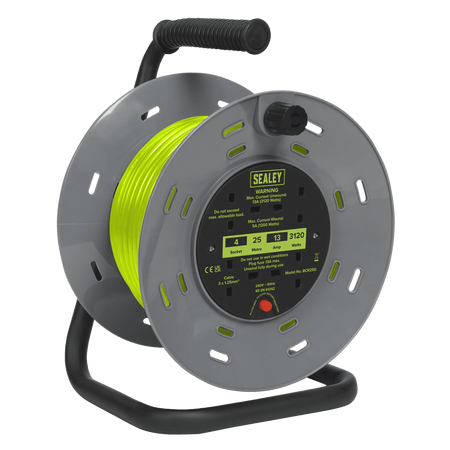 25m Cable Reel with Thermal Trip 4 x 230V - Hi-Vis Green Model No- BCR25G