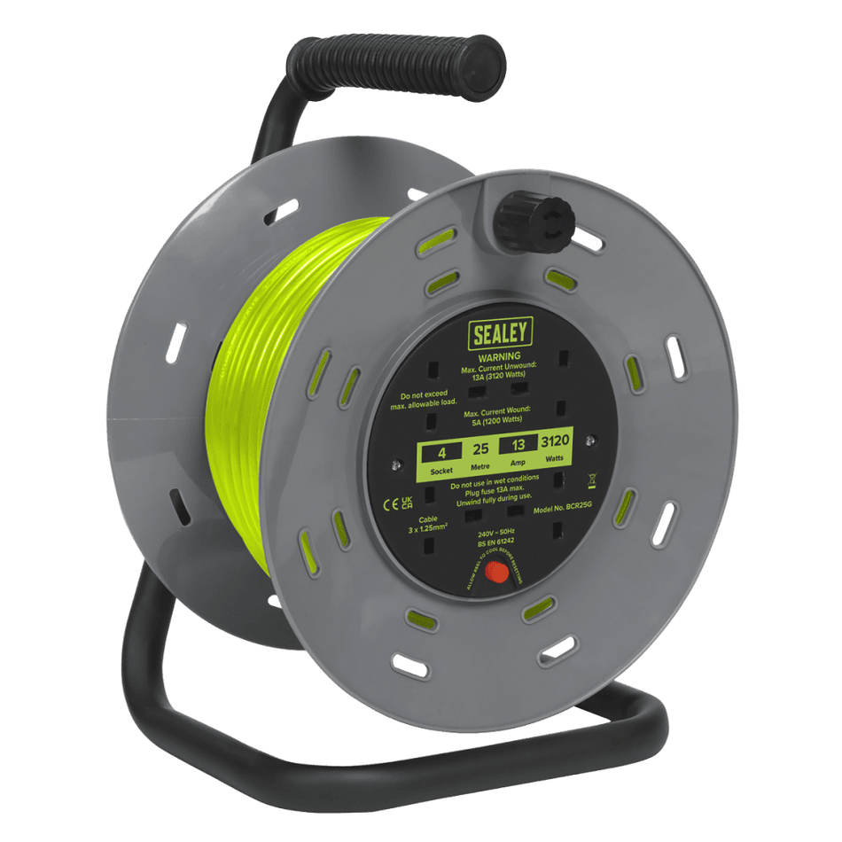 25m Cable Reel with Thermal Trip 4 x 230V - Hi-Vis Green Model No- BCR25G