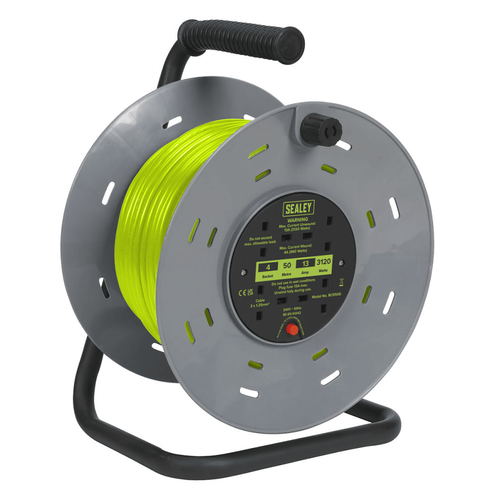 50m Cable Reel with Thermal Trip 4 x 230V - Hi-Vis Green Model No- BCR50G