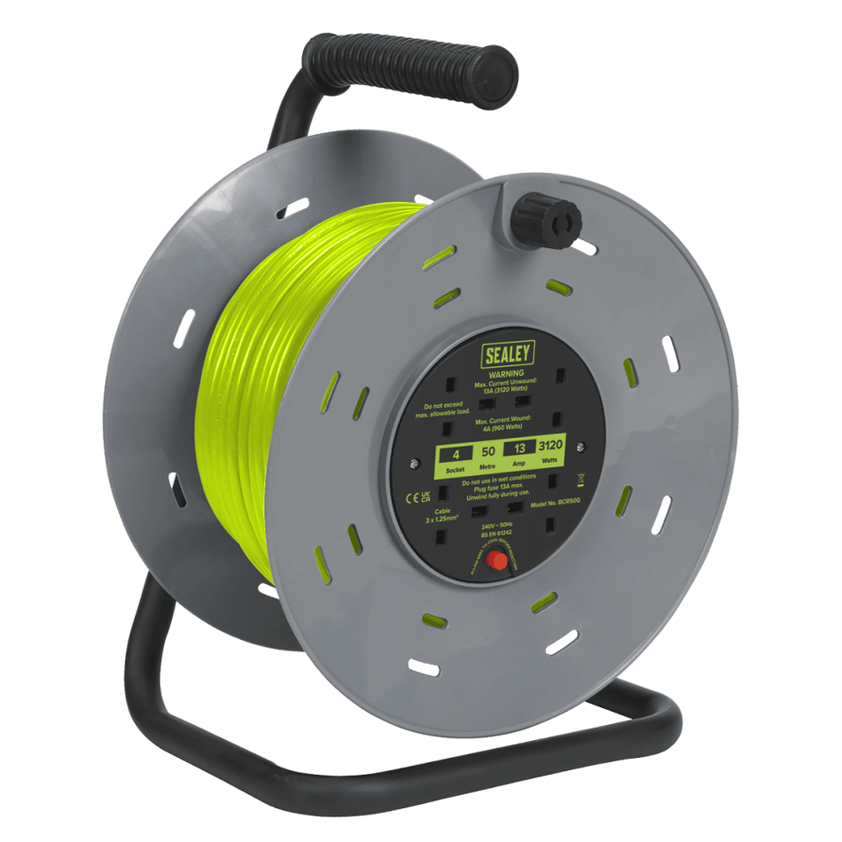 50m Cable Reel with Thermal Trip 4 x 230V - Hi-Vis Green Model No- BCR50G