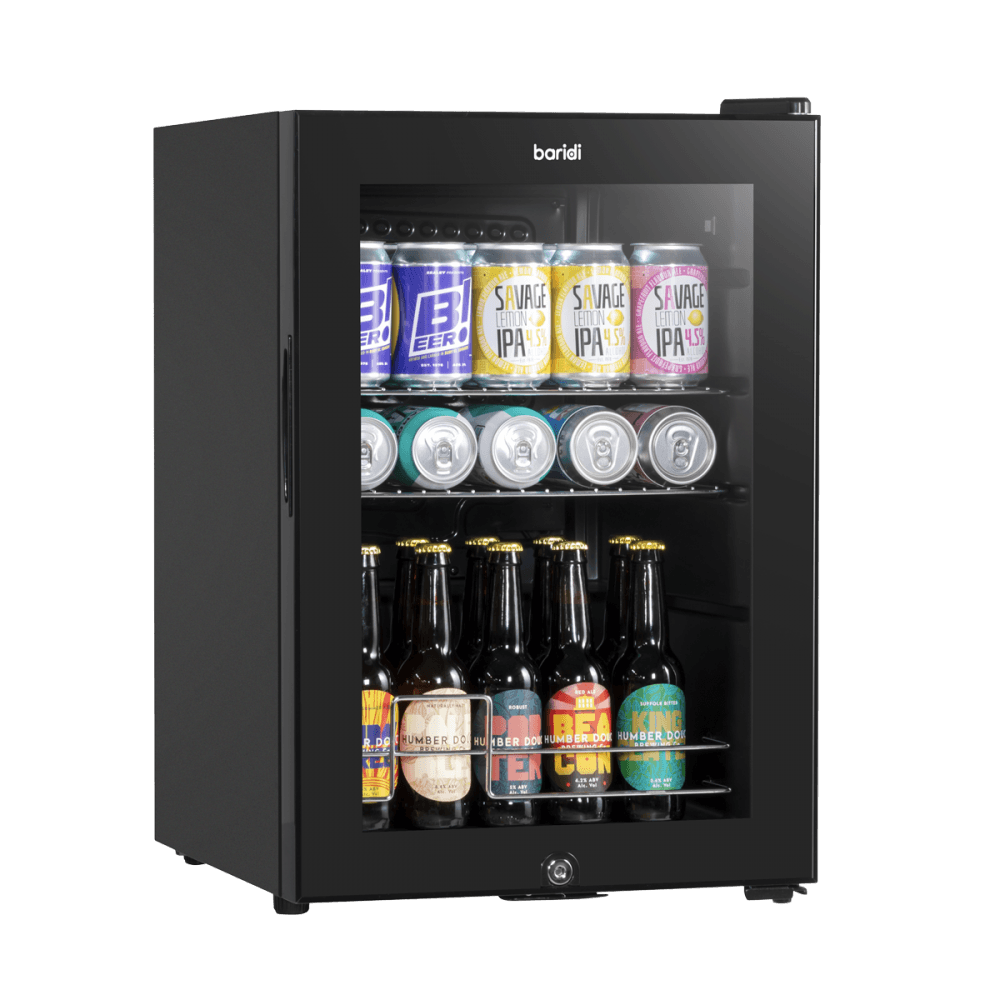 Baridi Beer & Drinks Fridge with LED Light, Black and Glass Door 60L Model No- DH62