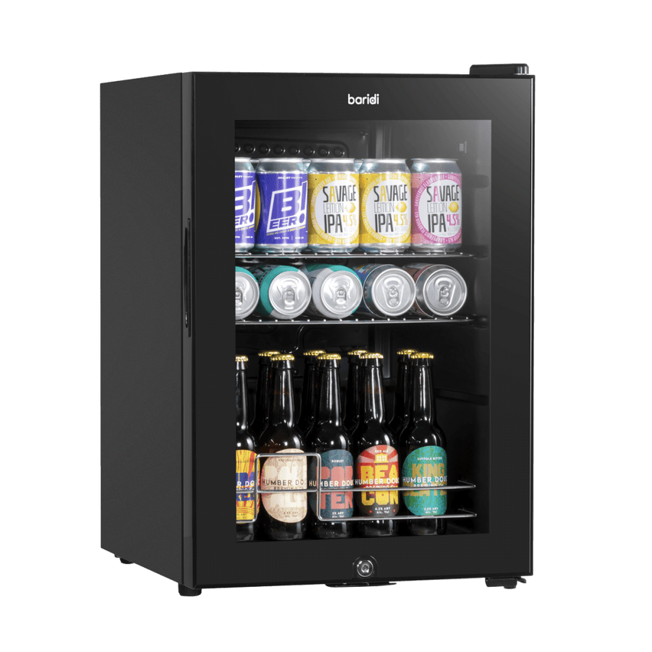 Baridi Beer & Drinks Fridge with LED Light, Black and Glass Door 60L Model No- DH62