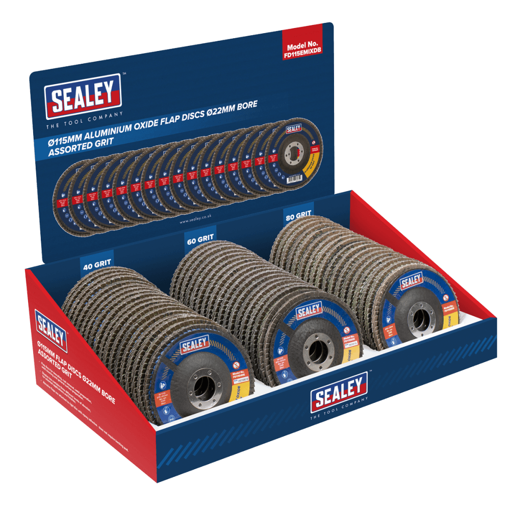 Assorted Grit Flap Discs Aluminium Oxide 115mm 22mm Bore - Display Box of 60 Model No- FD115EMIXDB