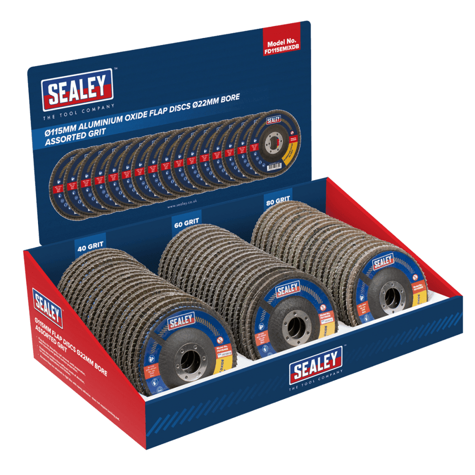 Assorted Grit Flap Discs Aluminium Oxide 115mm 22mm Bore - Display Box of 60 Model No- FD115EMIXDB