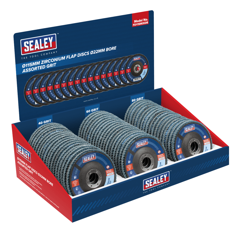 Assorted Grit Flap Discs Zirconium 115mm 22mm Bore - Display Box of 60 Model No- FD115MIXDB