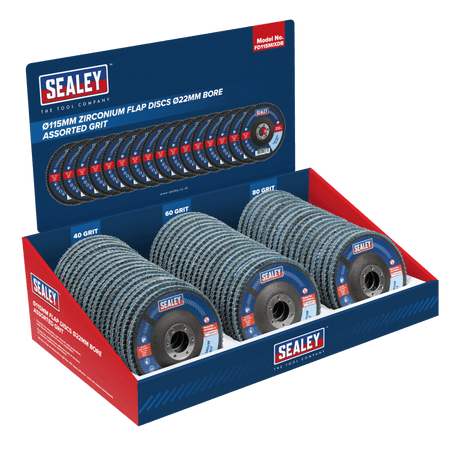 Assorted Grit Flap Discs Zirconium 115mm 22mm Bore - Display Box of 60 Model No- FD115MIXDB