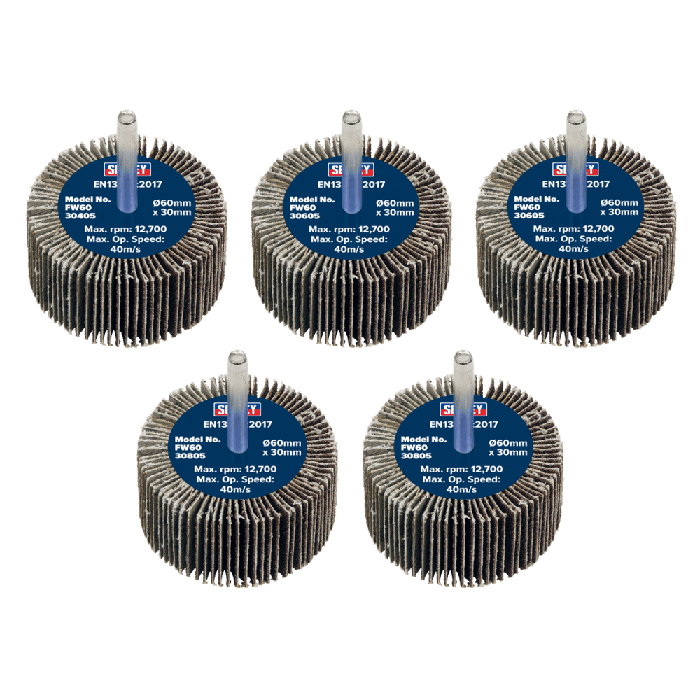 60 x 30mm Abrasive Flap Wheel on 6mm Shaft Assorted Grit - Pack of 5 : Model No- FW6030ASS