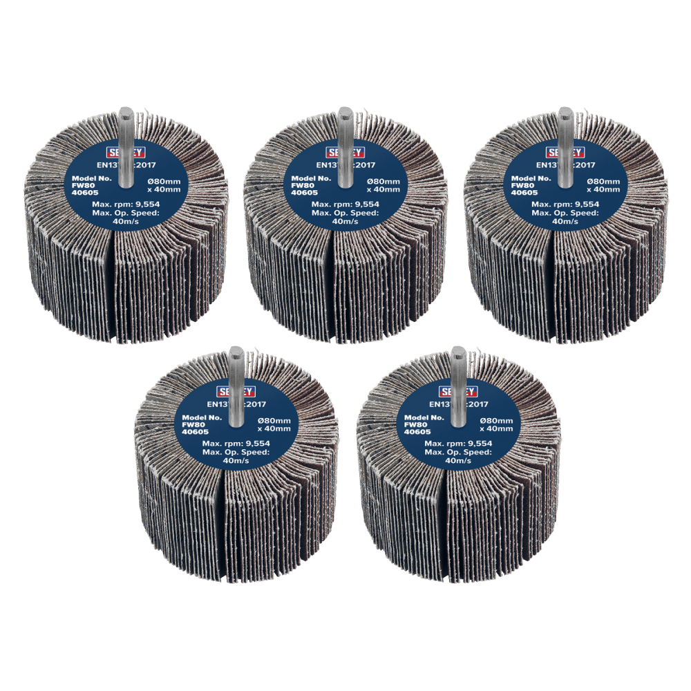80 x 40mm Abrasive Flap Wheel with 6mm Shaft 60Grit - Pack of 5 Model No- FW8040605