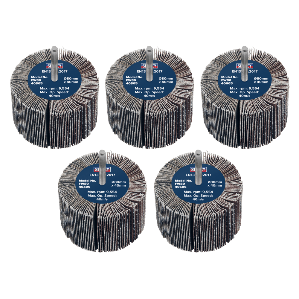 80 x 40mm Abrasive Flap Wheel on 6mm Shaft Assorted Grit - Pack of 5 Model No- FW8040ASS