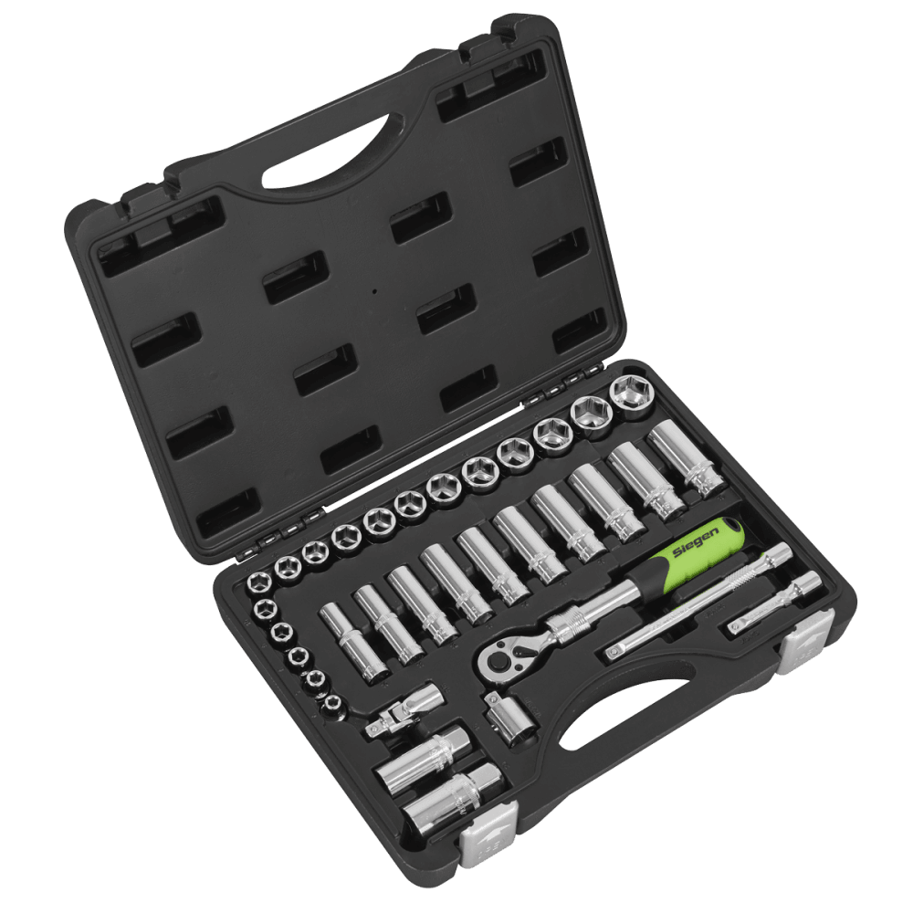 Siegen Extendable Ratchet Socket Set 3/8"Sq Drive 34pc Model No- S01287