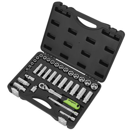 Siegen Extendable Ratchet Socket Set 3/8"Sq Drive 34pc Model No- S01287