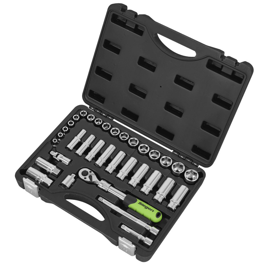 Siegen Extendable Ratchet Socket Set 3/8"Sq Drive 34pc Model No- S01287