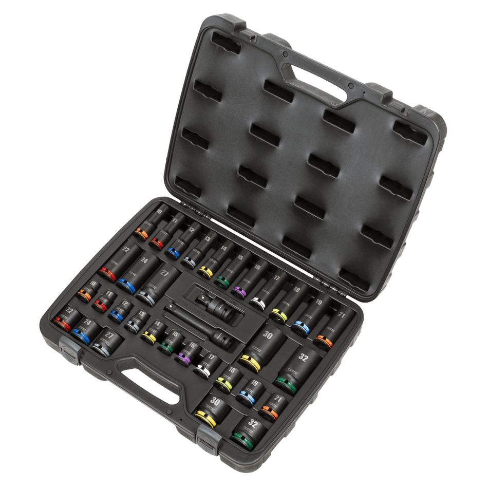 Lock-On Standard & Deep Impact Socket Set 34pc 1/2"Sq Drive 6pt Metric Model No- AK5636M