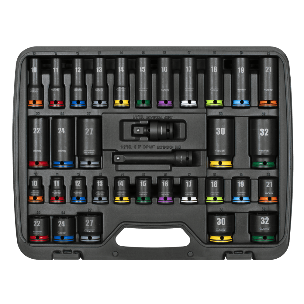 Lock-On Standard & Deep Impact Socket Set 34pc 1/2"Sq Drive 6pt Metric Model No- AK5636M