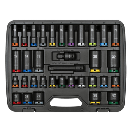 Lock-On Standard & Deep Impact Socket Set 34pc 1/2"Sq Drive 6pt Metric Model No- AK5636M