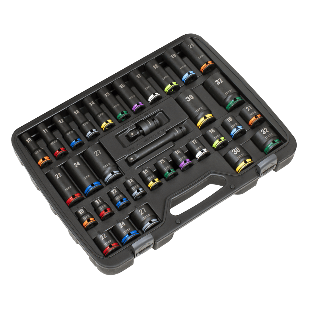 Lock-On Standard & Deep Impact Socket Set 34pc 1/2"Sq Drive 6pt Metric Model No- AK5636M