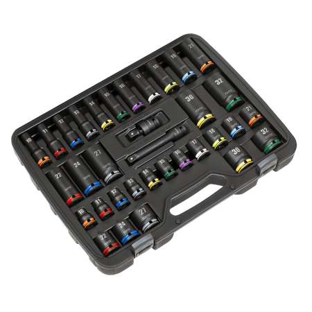 Lock-On Standard & Deep Impact Socket Set 34pc 1/2"Sq Drive 6pt Metric Model No- AK5636M