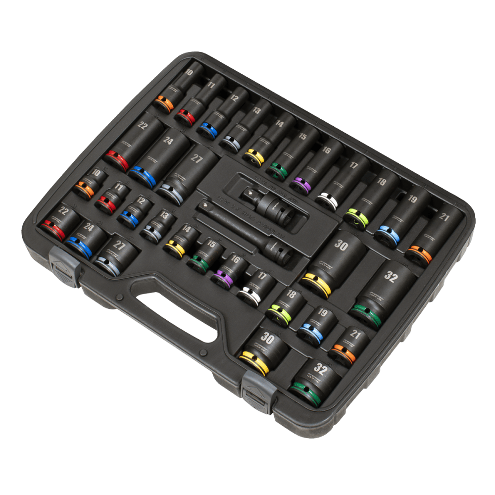 Lock-On Standard & Deep Impact Socket Set 34pc 1/2"Sq Drive 6pt Metric Model No- AK5636M